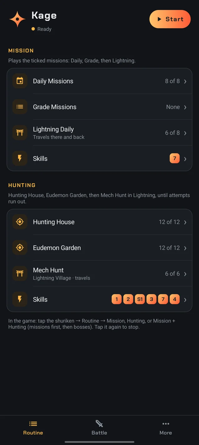 Kage's Routine screen: Daily, Grade and Lightning missions, Hunting House, Eudemon Garden and Mech Hunt, with the skill order 1, 2, S1, 3, 7, 4